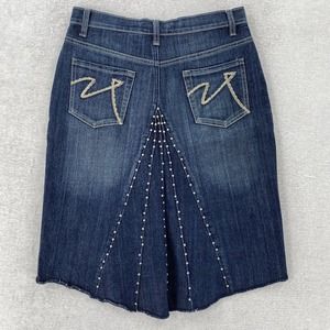 Vanilla Star Skirt Women 7 Blue Pencil Denim Jeans Raw Hem Beaded‎ Embellished